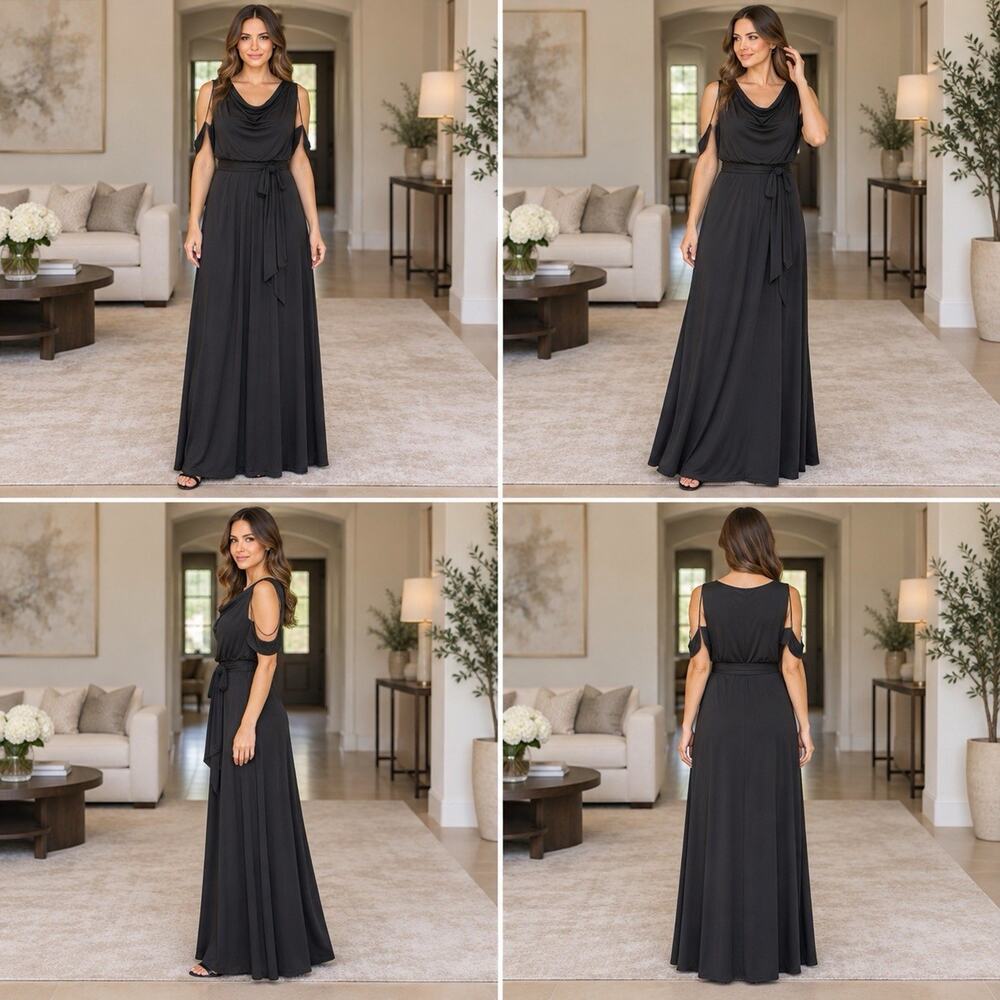 Ivanka Trump Women’s Medium Black Cold Shoulder Cowl Neck Maxi Dress Belted